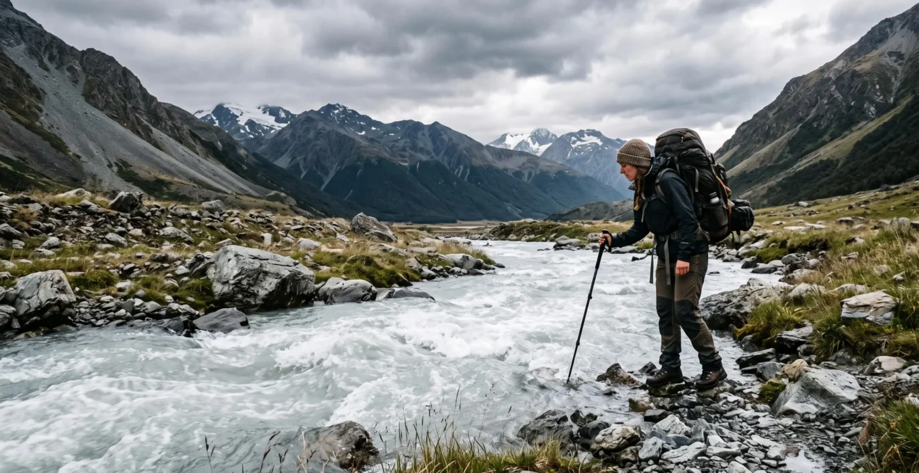 Wanderer testet mit einem Trekkingstock die Tiefe eines reißenden Gebirgsbaches vor der Durchquerung