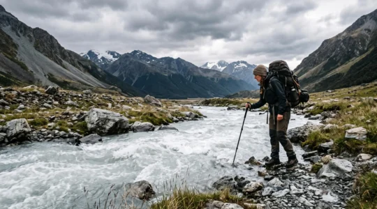 Wanderer testet mit einem Trekkingstock die Tiefe eines reißenden Gebirgsbaches vor der Durchquerung