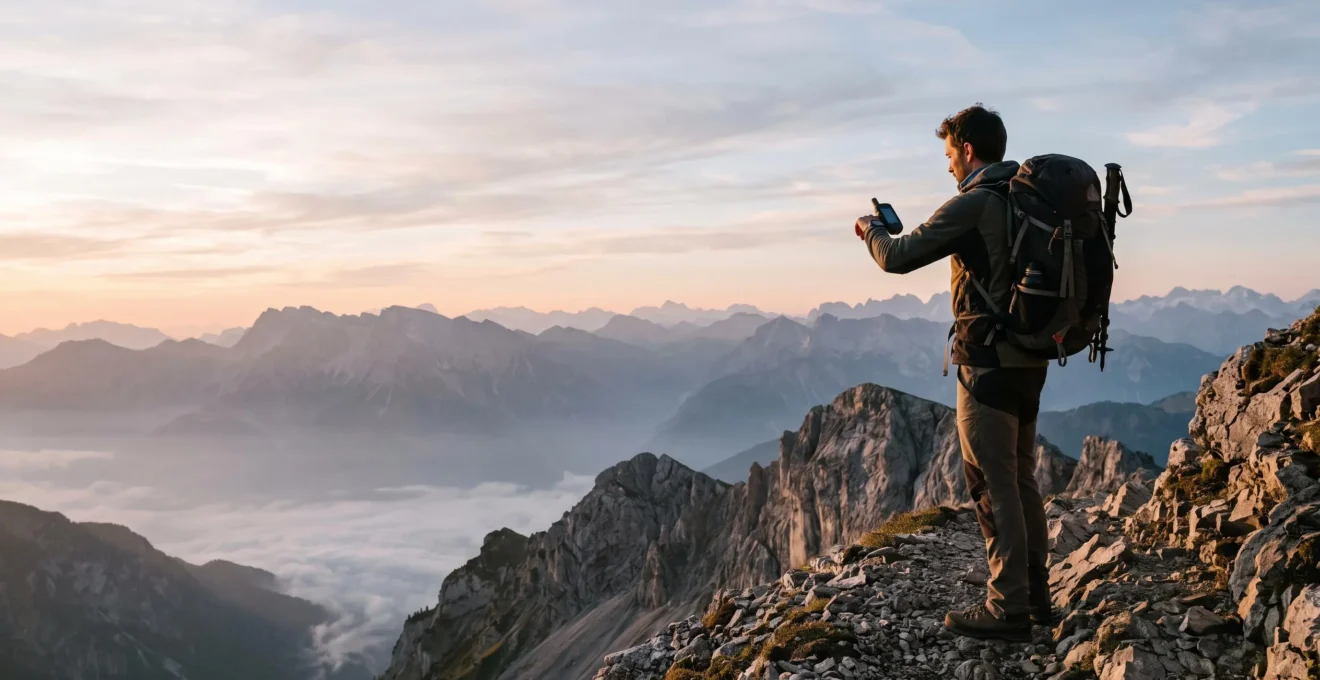 Wanderer steht auf einem Bergkamm bei Sonnenaufgang und ueberprueft ein Navigationsgeraet vor einem weiten Alpenpanorama