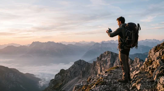 Wanderer steht auf einem Bergkamm bei Sonnenaufgang und ueberprueft ein Navigationsgeraet vor einem weiten Alpenpanorama