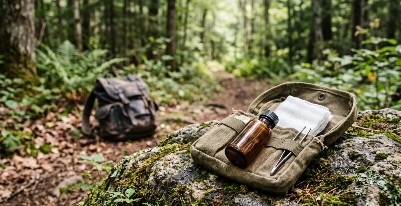 Kleines Erste-Hilfe-Set mit Desinfektionsmittel-Fläschchen und Verbandsmaterial neben Wanderausrüstung in der Natur