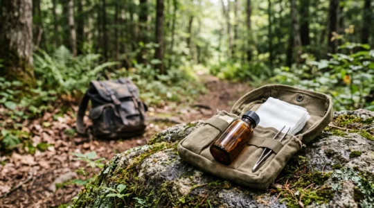 Kleines Erste-Hilfe-Set mit Desinfektionsmittel-Fläschchen und Verbandsmaterial neben Wanderausrüstung in der Natur
