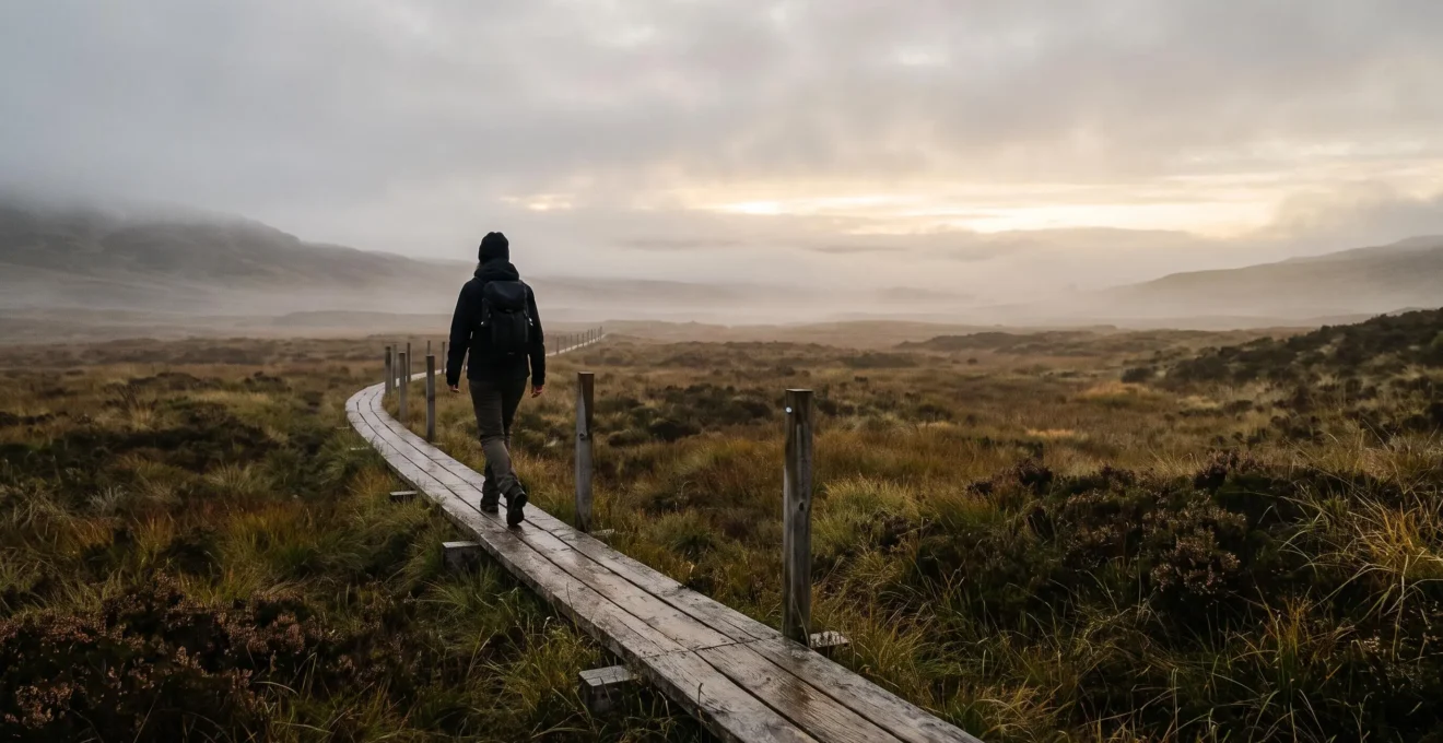 Wanderer steht am Rand eines nebligen Hochmoores in der Morgendämmerung und respektiert die Grenze der geschützten Landschaft