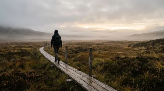 Wanderer steht am Rand eines nebligen Hochmoores in der Morgendämmerung und respektiert die Grenze der geschützten Landschaft