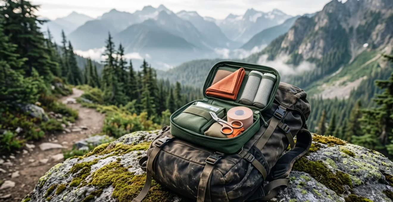 Geöffnetes, modular organisiertes Erste-Hilfe-Set liegt auf einem Rucksack vor einer weiten Wildnislandschaft.