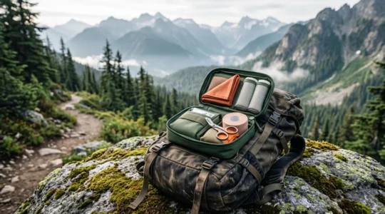 Geöffnetes, modular organisiertes Erste-Hilfe-Set liegt auf einem Rucksack vor einer weiten Wildnislandschaft.