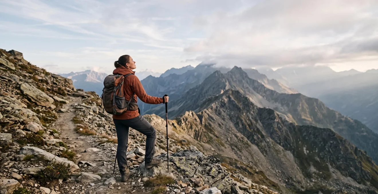 Wanderer testet seine Fitness und Kondition auf einem anspruchsvollen Bergpfad in den Alpen