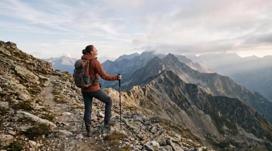 Wanderer testet seine Fitness und Kondition auf einem anspruchsvollen Bergpfad in den Alpen