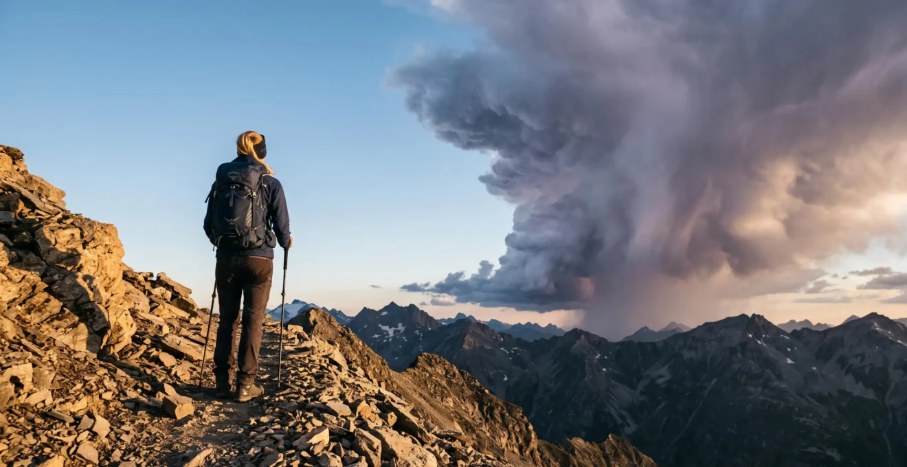 Wanderer beobachtet konzentriert aufziehende dunkle Gewitterwolken über einem Alpengipfel im goldenen Licht