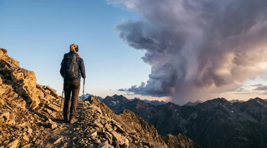 Wanderer beobachtet konzentriert aufziehende dunkle Gewitterwolken über einem Alpengipfel im goldenen Licht