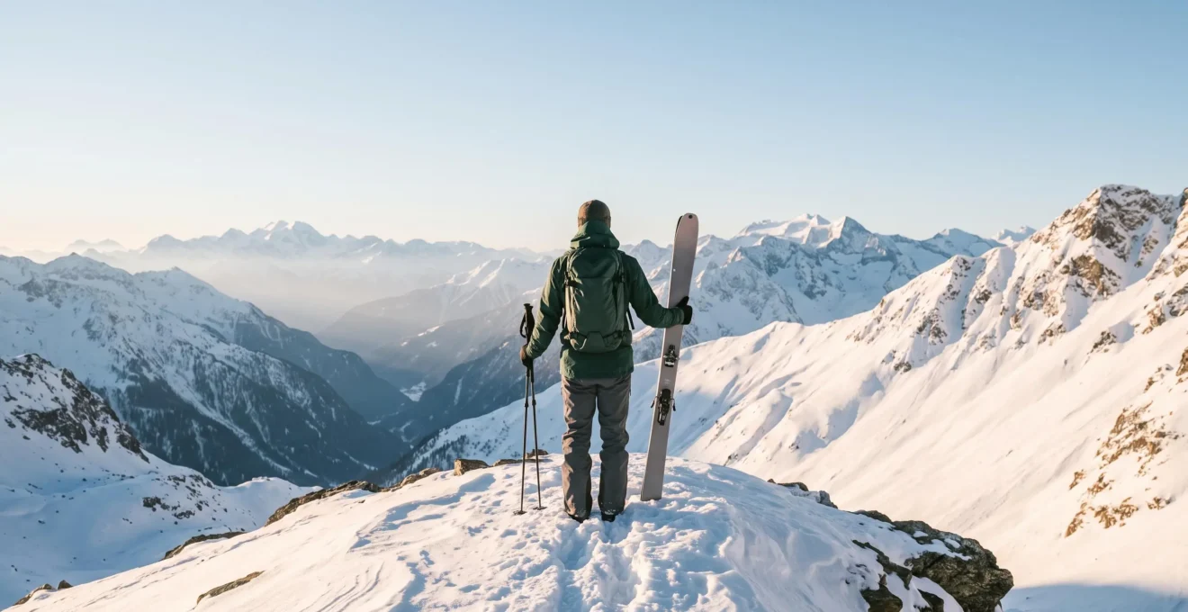 Skitourengeher betrachtet bei Sonnenaufgang von einem Gratrücken aus die verschneite Route und schätzt das Lawinenrisiko ein