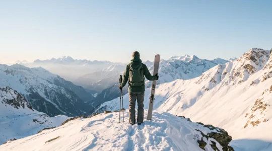 Skitourengeher betrachtet bei Sonnenaufgang von einem Gratrücken aus die verschneite Route und schätzt das Lawinenrisiko ein