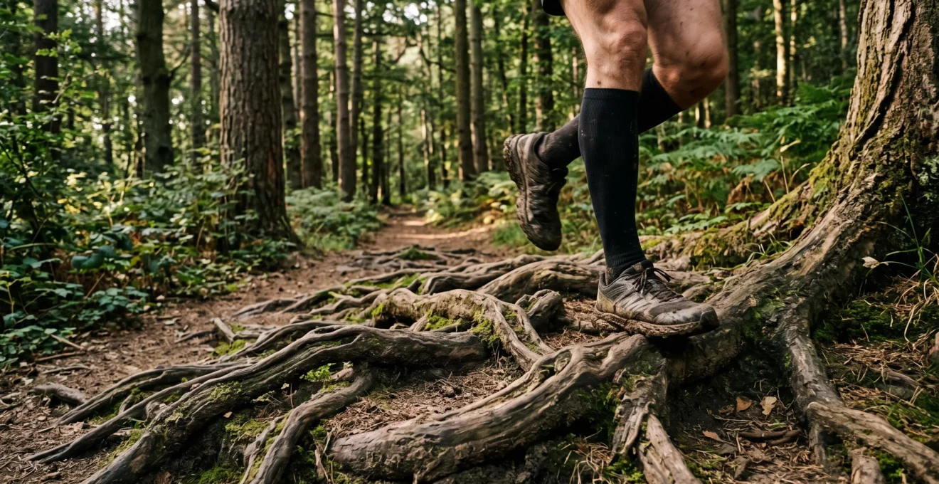 Trailläufer setzt konzentriert den Fuß auf einen wurzeligen Waldpfad im Morgenlicht
