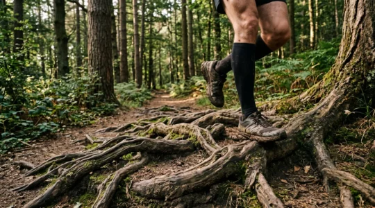 Trailläufer setzt konzentriert den Fuß auf einen wurzeligen Waldpfad im Morgenlicht