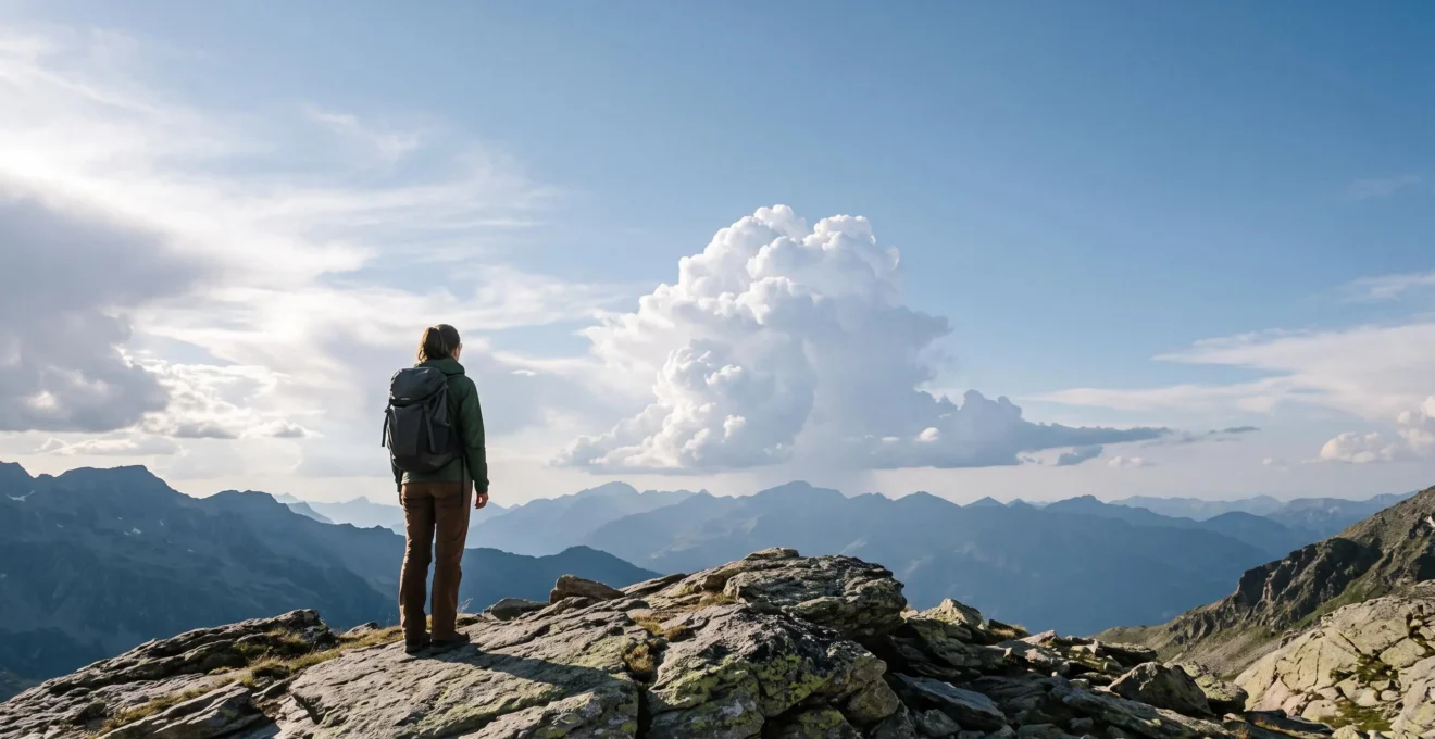 Wanderer steht auf einem Bergrat und beobachtet eine sich auftürmende Gewitterwolke am Horizont