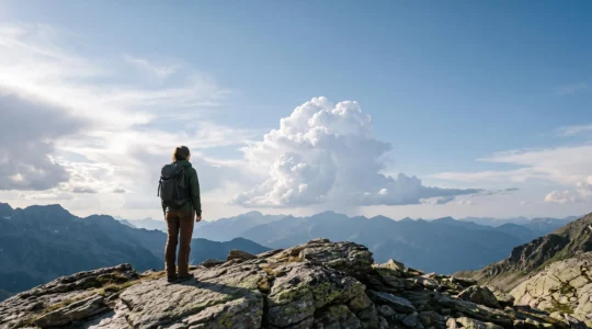 Wanderer steht auf einem Bergrat und beobachtet eine sich auftürmende Gewitterwolke am Horizont