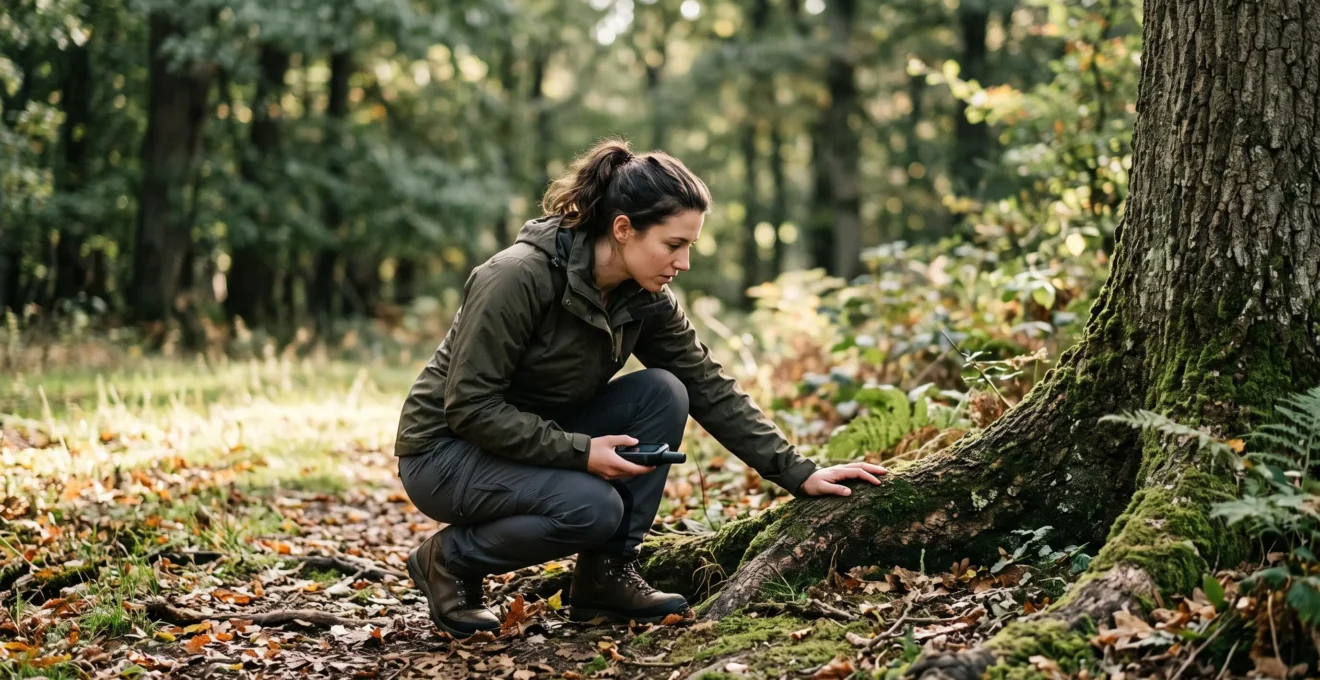 Person kniet im Wald und sucht mit einem GPS-Geraet und Kompass gezielt nach einem versteckten Geocache zwischen Wurzeln und Laub