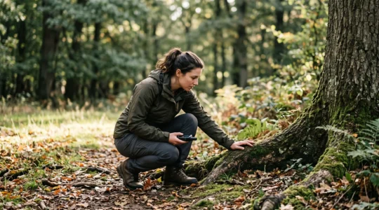 Person kniet im Wald und sucht mit einem GPS-Geraet und Kompass gezielt nach einem versteckten Geocache zwischen Wurzeln und Laub