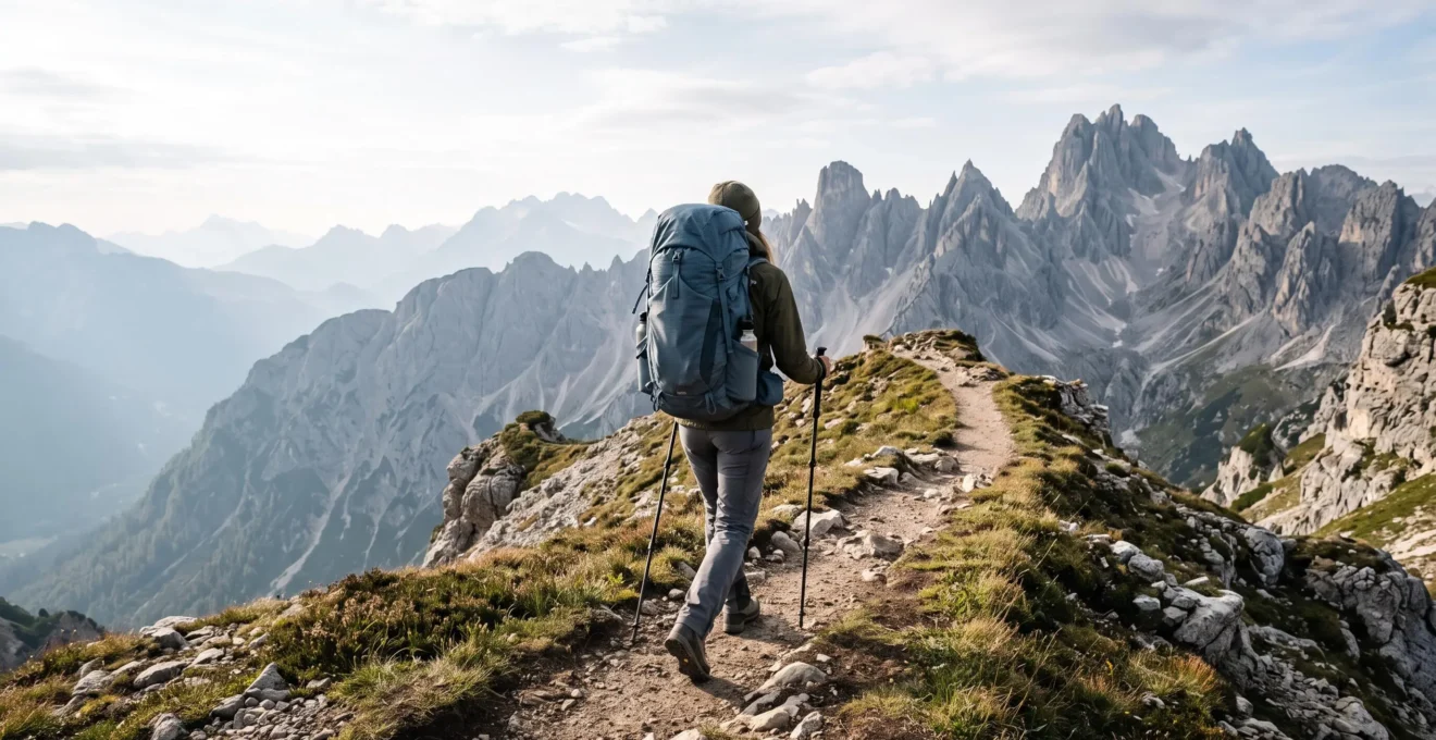 Wanderer mit einem gut angepassten Trekkingrucksack auf einem Bergpfad im weichen Morgenlicht