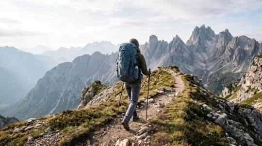 Wanderer mit einem gut angepassten Trekkingrucksack auf einem Bergpfad im weichen Morgenlicht