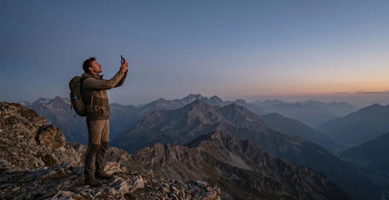 Einsamer Wanderer hält ein kleines Satellitenkommunikationsgerät in die Höhe vor einem weiten Bergpanorama bei Sonnenuntergang