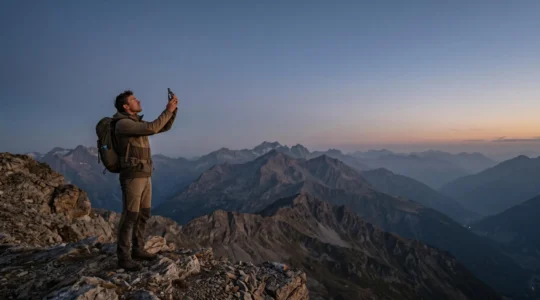Einsamer Wanderer hält ein kleines Satellitenkommunikationsgerät in die Höhe vor einem weiten Bergpanorama bei Sonnenuntergang