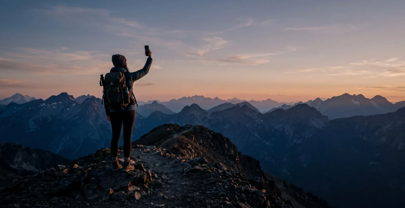 Einsamer Wanderer steht auf einem Bergrücken und hält sein Smartphone in die Höhe auf der Suche nach Empfang, umgeben von weiter Berglandschaft ohne Netzverbindung