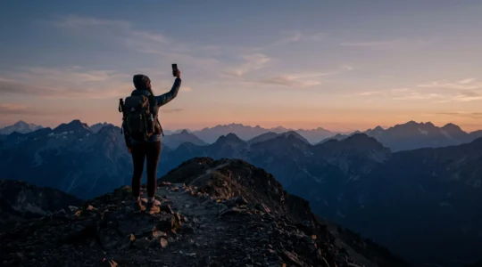 Einsamer Wanderer steht auf einem Bergrücken und hält sein Smartphone in die Höhe auf der Suche nach Empfang, umgeben von weiter Berglandschaft ohne Netzverbindung
