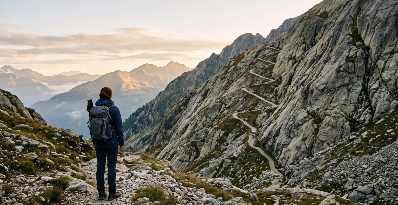 Einzelner Wanderer blickt auf einen steilen, kurvigen Bergpfad mit rund 1000 Höhenmetern Aufstieg im Morgenlicht