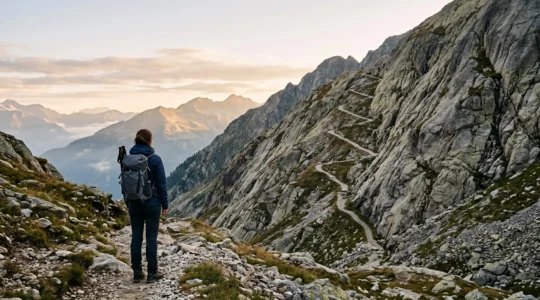 Einzelner Wanderer blickt auf einen steilen, kurvigen Bergpfad mit rund 1000 Höhenmetern Aufstieg im Morgenlicht